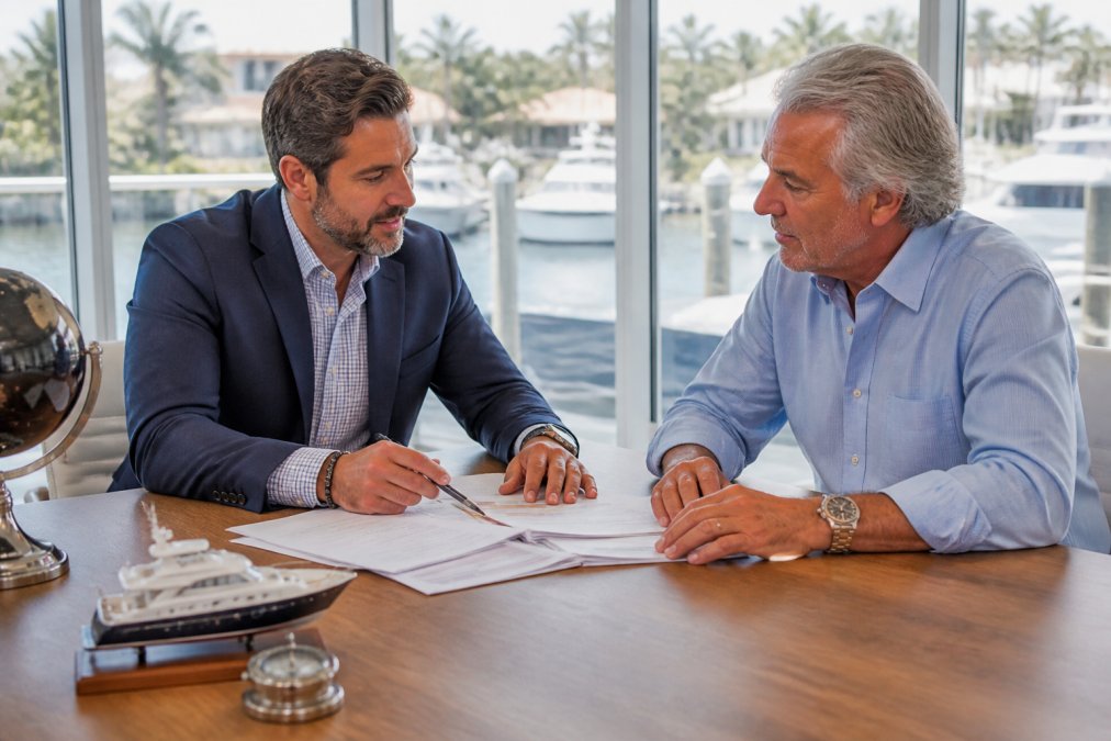 Professional yacht broker meeting with affluent vessel owner in modern waterfront office, reviewing vessel registration documents, maritime compliance materials, and registration options while seated at desk with harbor view in background