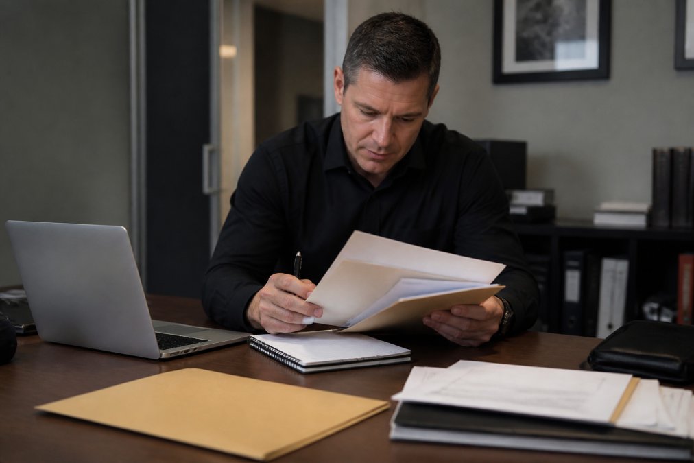 Private investigator reviewing criminal defense case files and legal documents at a professional office desk