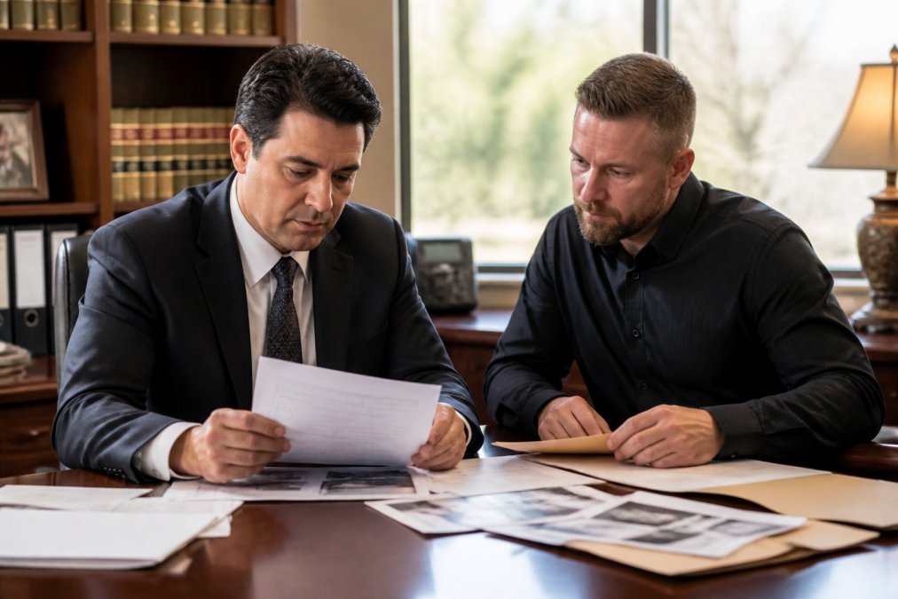 Criminal defense attorney reviewing case files and investigative reports with a licensed private investigator in a professional office setting, natural lighting streaming through office windows