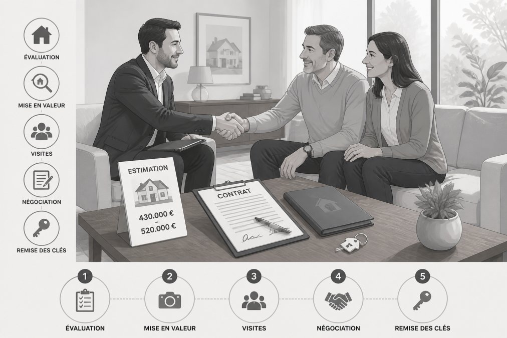 Agent immobilier professionnel en discussion avec couple propriétaire dans salon lumineux, documents d'estimation et contrats visibles sur table basse en bois, poignée de main professionnelle