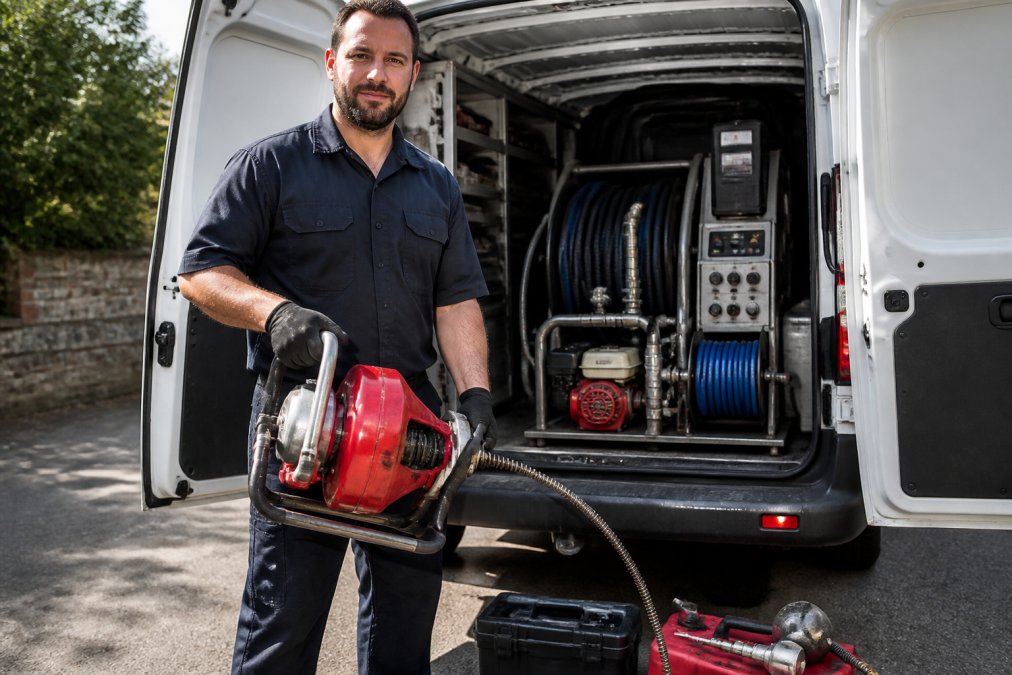 Plombier professionnel tenant un furet électrique rouge et des outils spécialisés de débouchage devant un camion de service blanc équipé de matériel haute pression