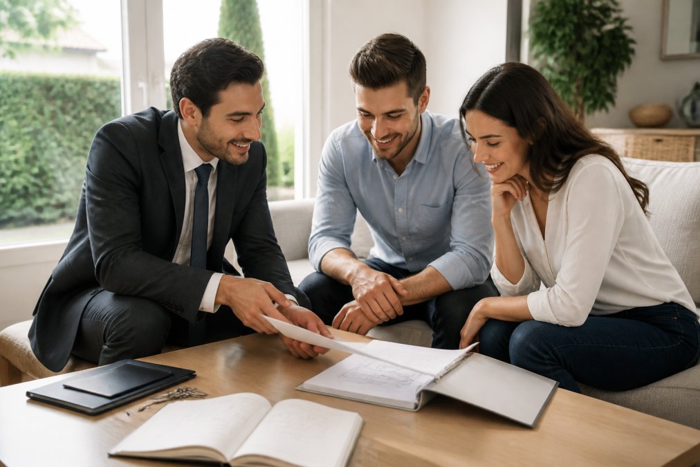 Couple jeune visionnant une propriété avec un conseiller immobilier en costume, consultant des documents et souriants dans un salon lumineux avec fenêtres donnant sur jardin