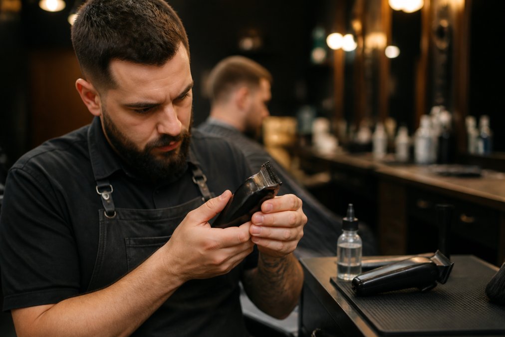 A barber in a black apron holding a cordless clipper mid-cut, inspecting the blade up close under warm shop lighting, with a second clipper and blade oil on the station counter beside him