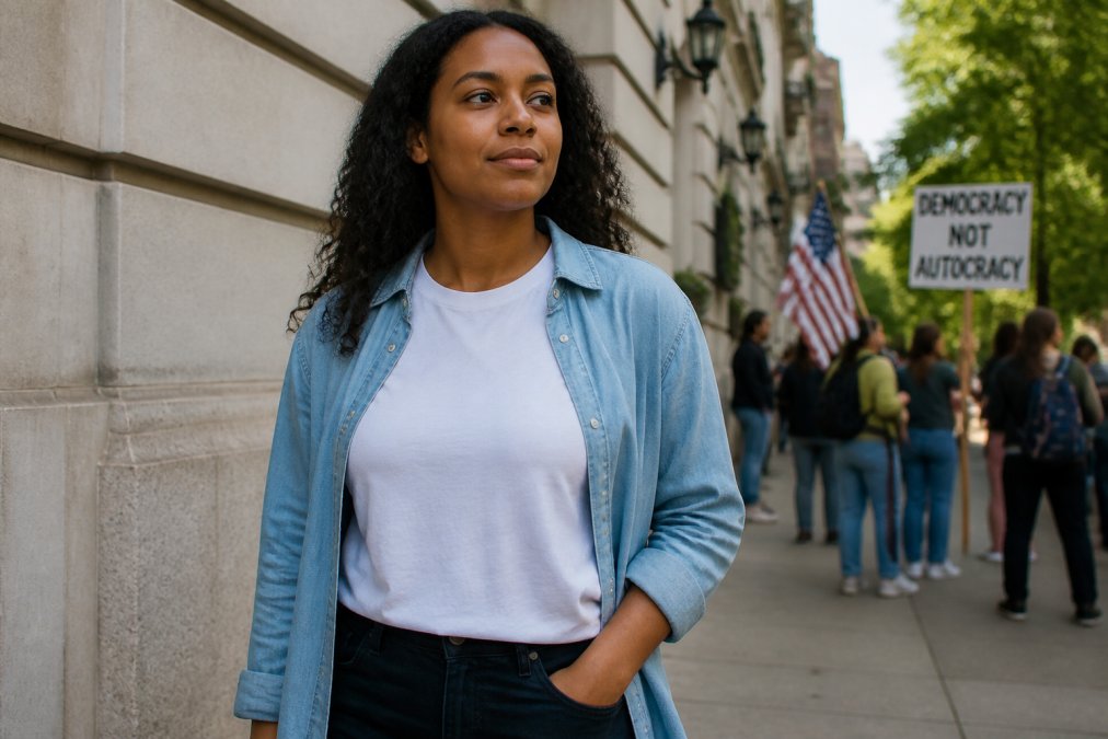 A person wearing a political slogan t-shirt layered under an open button-down shirt, standing in a casual outdoor urban setting, looking confident and relaxed