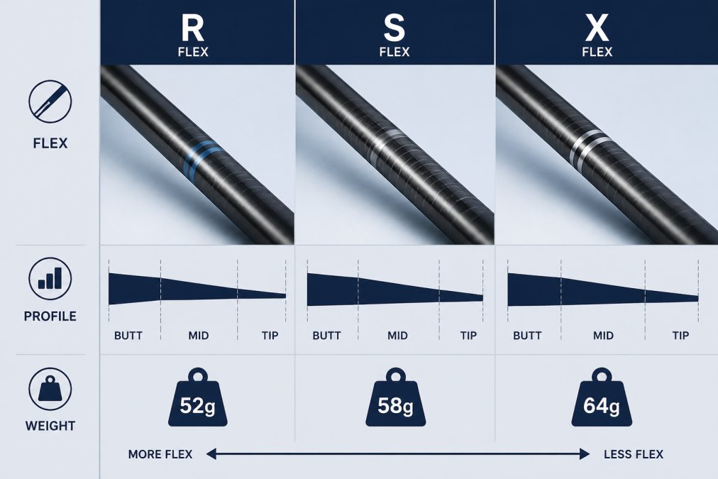 Close-up of three golf shafts displayed side by side, showing distinct profile differences and weight specifications, with professional lighting highlighting the taper design
