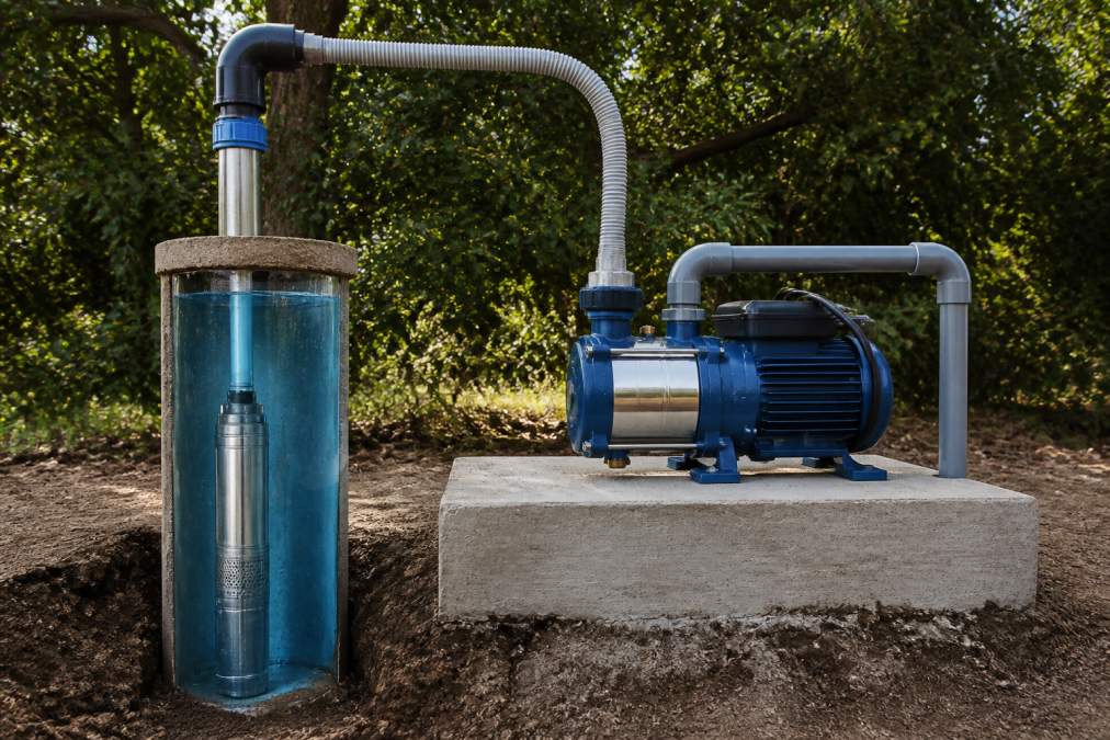 A submersible pump submerged in clear water inside a bore casing next to a surface pump mounted on a concrete pad above ground, showing the distinct physical placement and housing differences between the two types