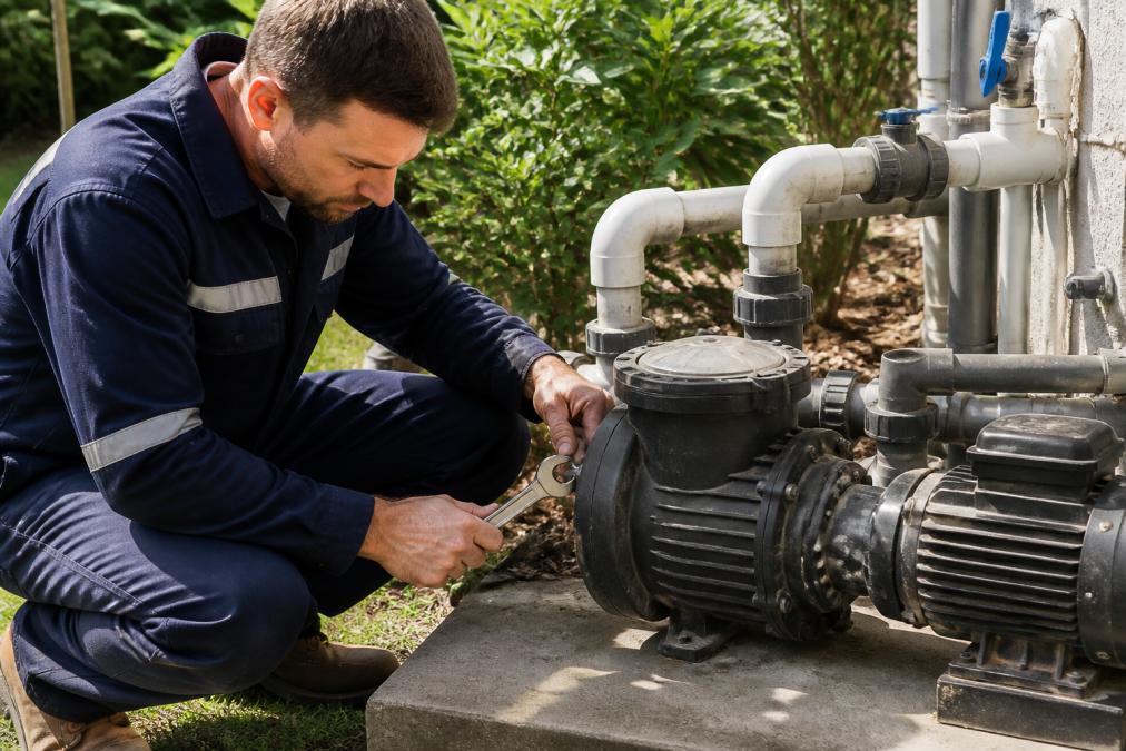 A qualified technician in work clothing performing preventive maintenance on an irrigation pump system, inspecting the impeller housing and checking connections with a wrench in a garden setting with natural daylight