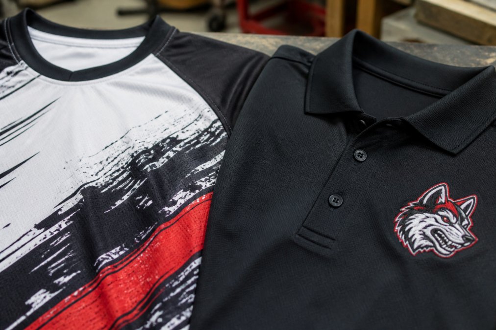 Close-up of a screen-printed athletic jersey next to an embroidered team polo laid flat on a work table, showing the texture difference between the two decoration methods