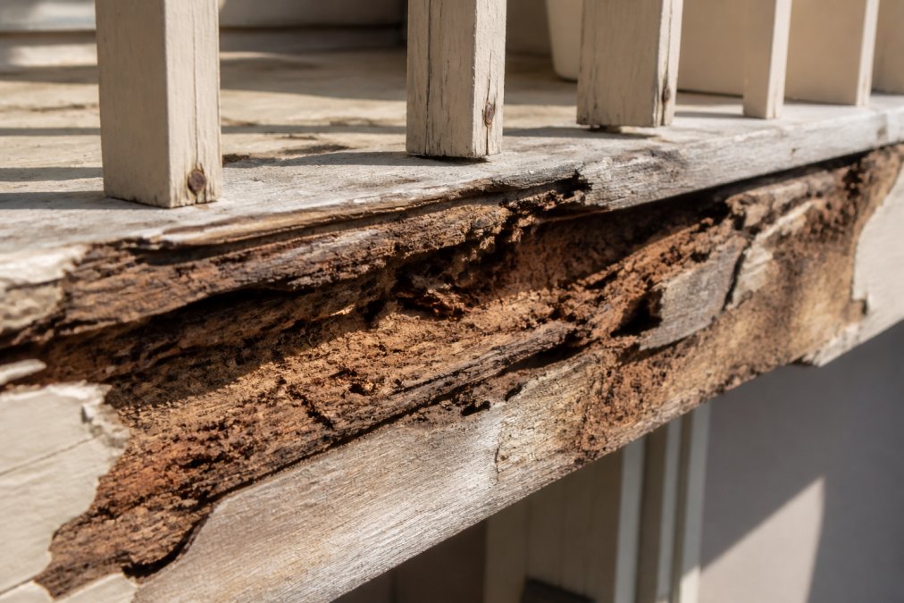 Close-up of weathered balcony wood showing visible rot discoloration, soft spots, and crumbling surface texture on railing and deck framing in natural sunlight