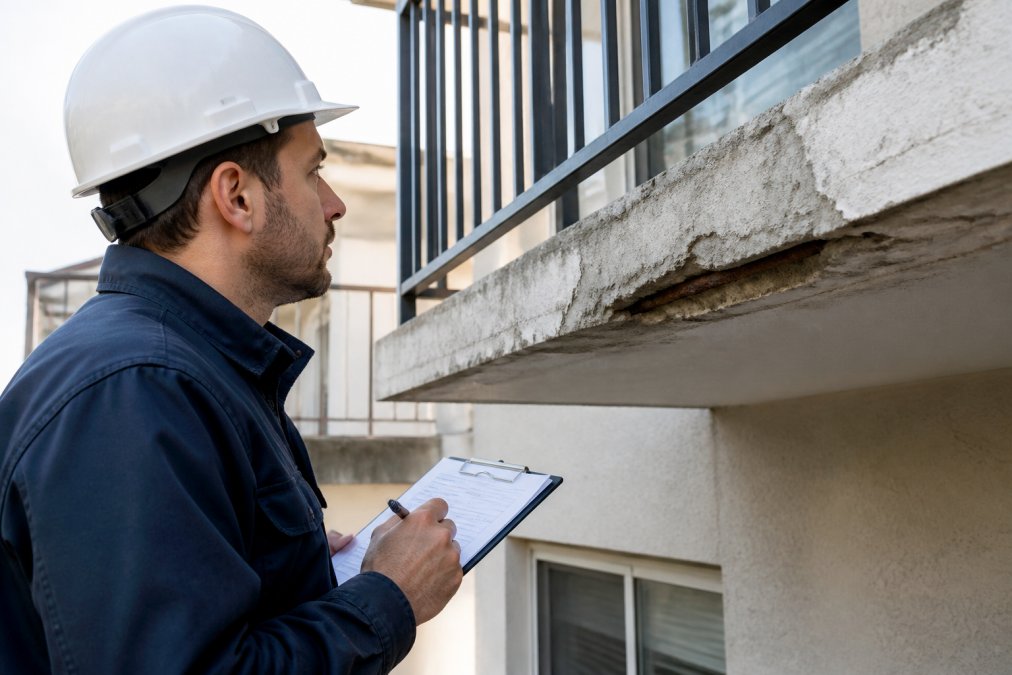 Licensed inspector examining balcony structure with inspection tools, documenting findings on clipboard and recording data during professional structural assessment