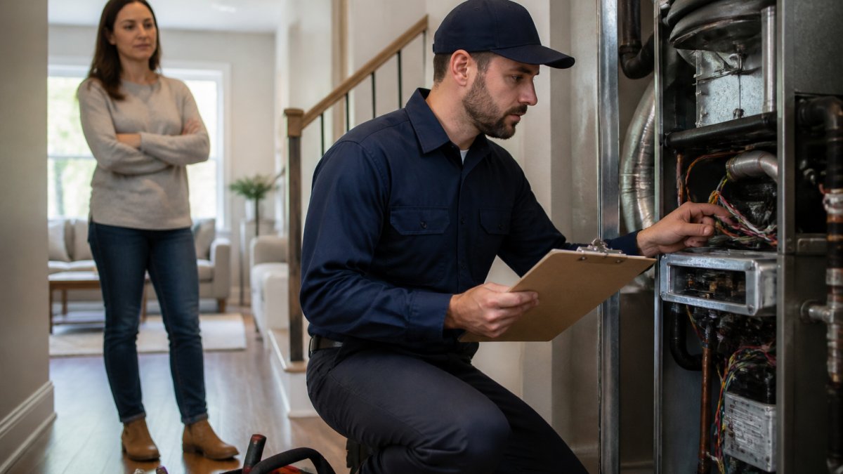 Technician inspecting an HVAC system during a proactive home maintenance visit while a homeowner observes