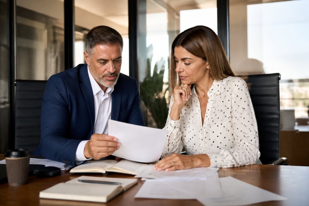 Business owner and insurance agent reviewing policy documents and discussing coverage details at a desk with laptop and coffee in a modern office setting