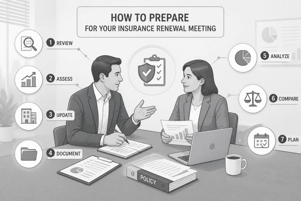 Professional insurance agent and business owner discussing renewal strategy at a conference table with policy documents, laptop, and coffee visible in natural office lighting