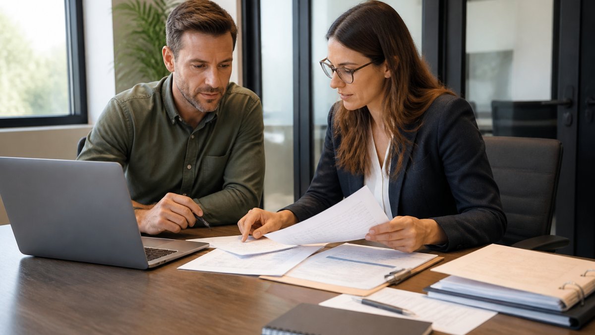 Business owner and CPA reviewing quarterly projections for tax engineering strategy on a conference table