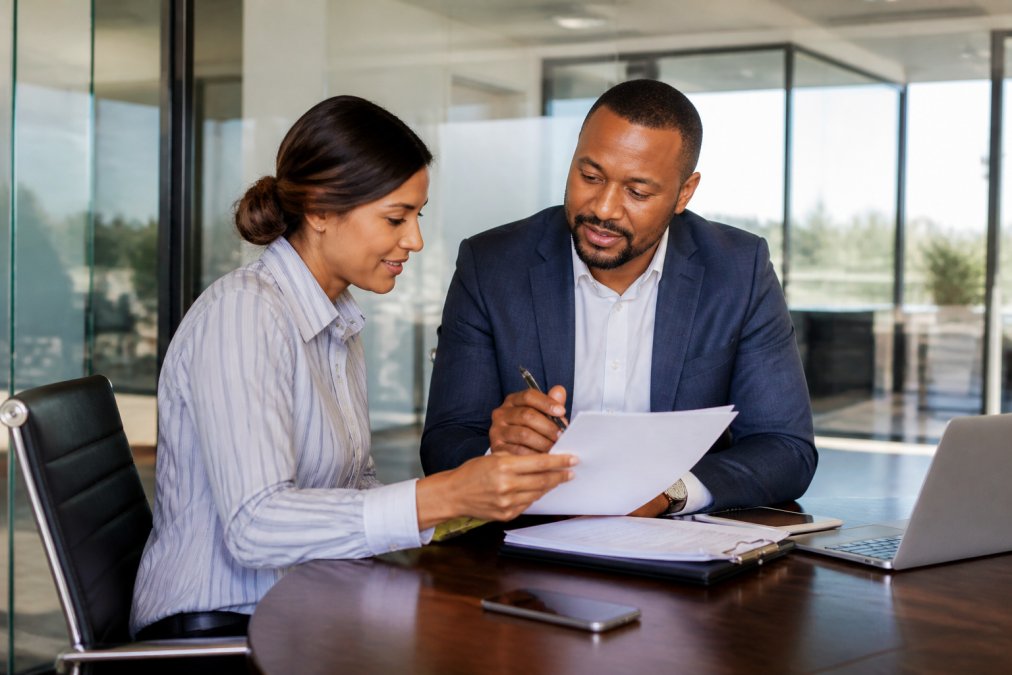 Business owner and tax advisor reviewing financial documents for proactive tax planning in a modern office
