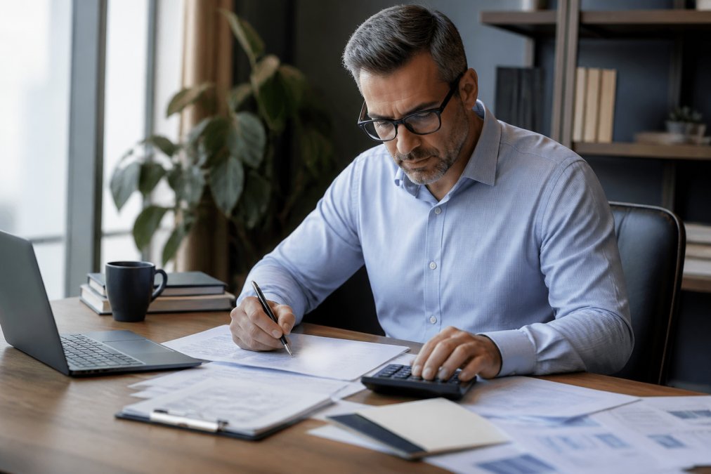 Professional sitting at desk reviewing financial documents and tax strategy notes with calculator and laptop, focused expression in modern office setting with natural lighting