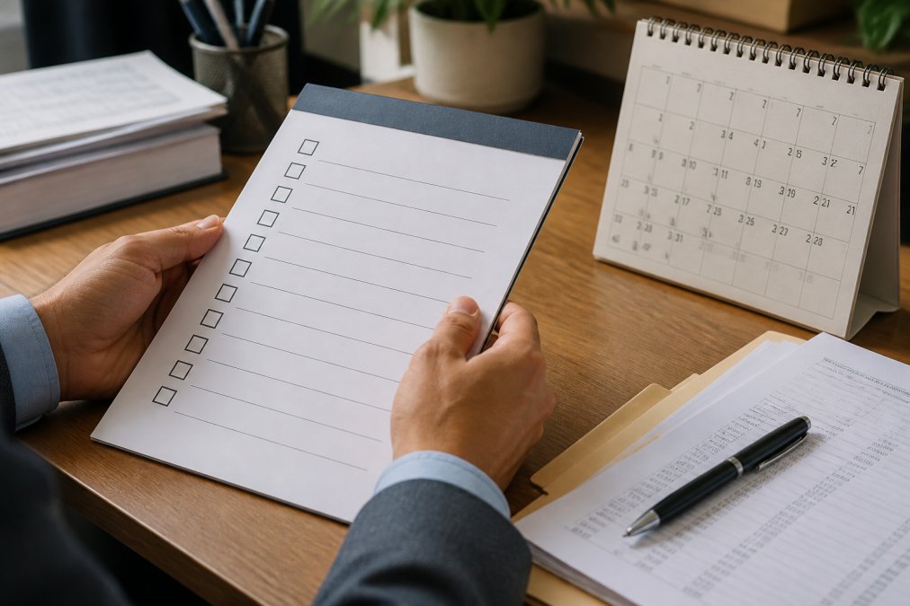 Close-up of hands holding year-end tax planning checklist near calendar, with financial documents and pen visible on desk in organized workspace