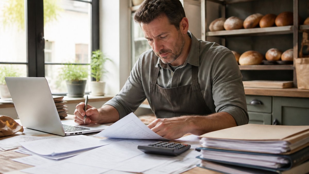 Business owner and accountant reviewing financial records for proactive tax planning in a bright office