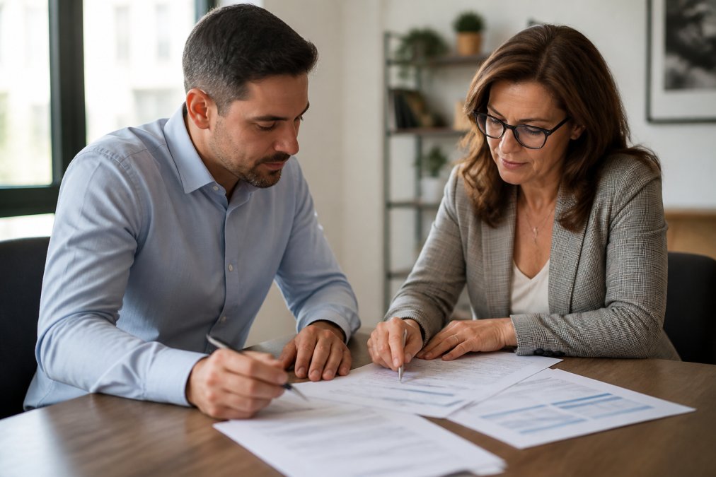 Business owner and CPA meeting at wooden desk reviewing financial documents and quarterly reports together in bright professional office with natural lighting