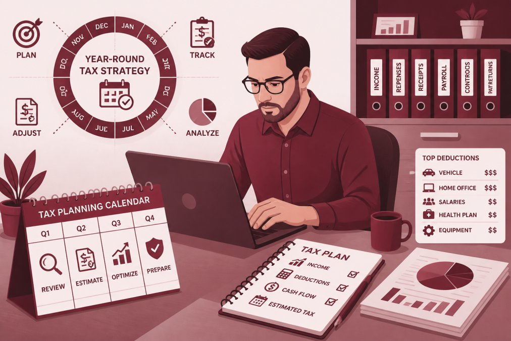 Small business owner working intently on laptop with physical calendar and financial planning notes visible on desk, showing year-round tax strategy in action with organized filing system
