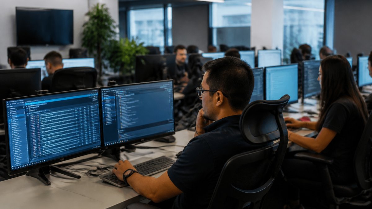 Security operations team monitoring multiple screens displaying real-time threat alerts, network traffic dashboards, and incident timelines in a modern SOC environment with ambient lighting from multiple displays