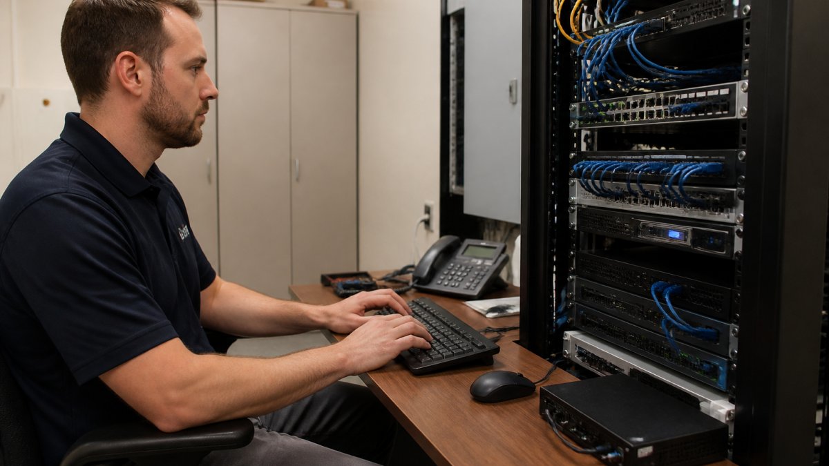 IT technician reviewing system health dashboards on multiple monitors in a small office server room, with network equipment visible in background
