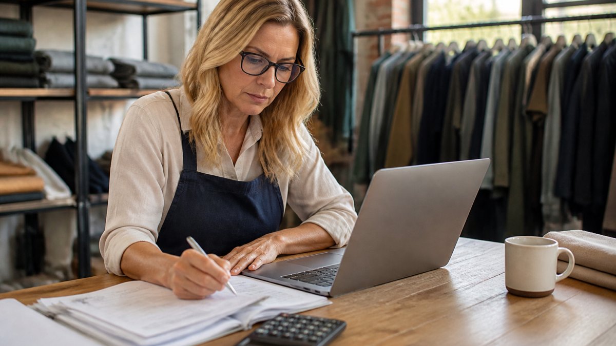 A professional accountant reviewing financial documents on a laptop in a bright modern office, with a calculator and coffee cup nearby