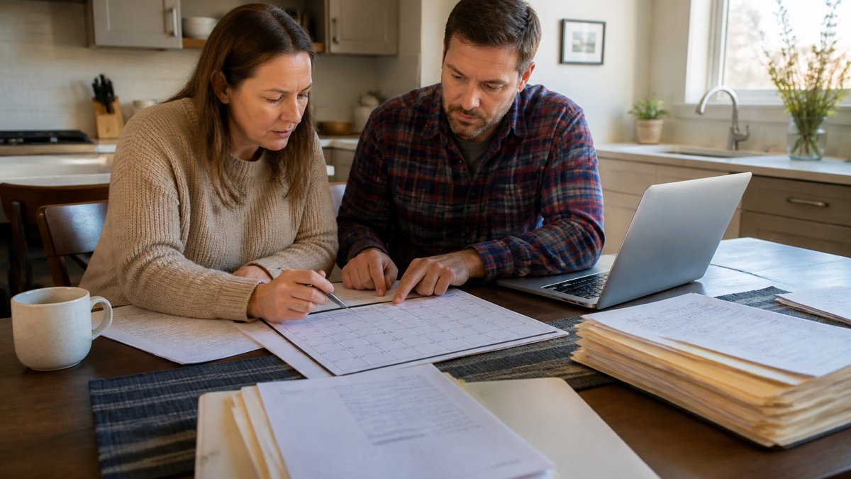 An adult daughter and son reviewing estate paperwork and a calendar at a kitchen table, with a laptop open and folders of documents spread out, warm afternoon light through the window