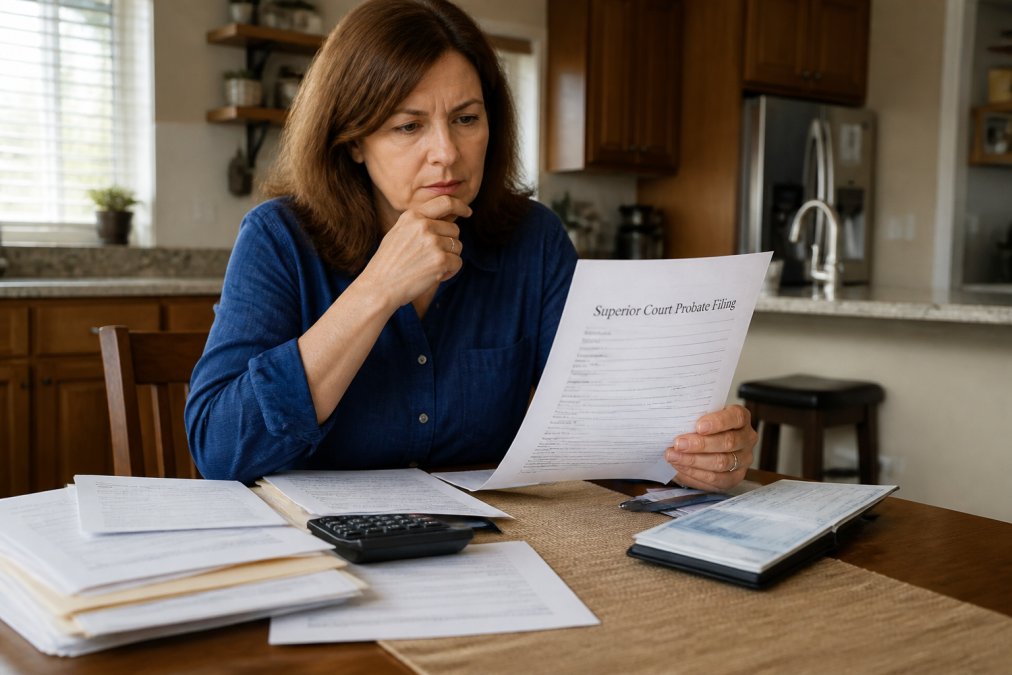 A middle-aged woman sitting at a kitchen table with a stack of legal papers, a calculator, and a checkbook, looking thoughtfully at a document titled 'Superior Court Probate Filing' in soft natural light