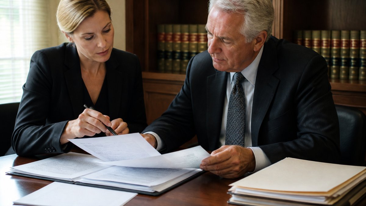 Real estate attorney and executor reviewing property documents and deed transfer paperwork at a desk in a law office with natural window lighting