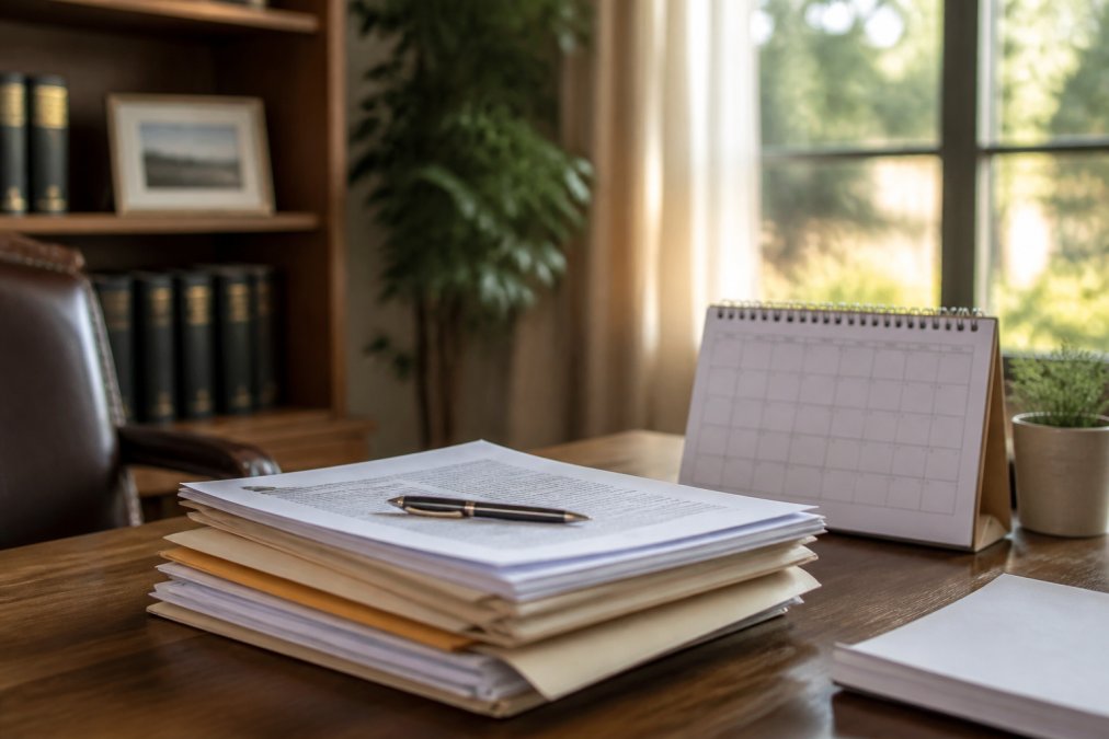 A stack of legal documents and a calendar on a wooden desk in a home office, with a pen resting on the papers, soft afternoon light through a window