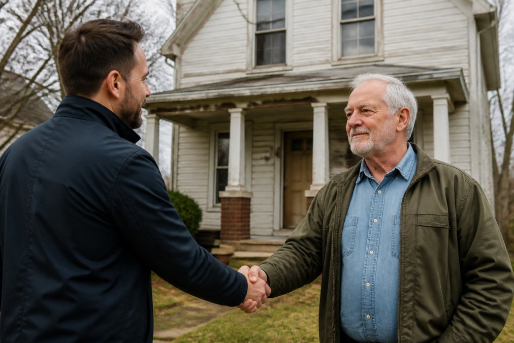 Real estate professional and homeowner shaking hands in front of an older residential home with visible wear and needed repairs, standing in natural daylight, symbolizing a quick cash sale transaction