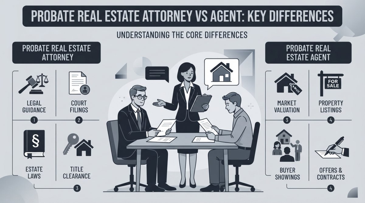 Side-by-side comparison of probate real estate attorney vs agent