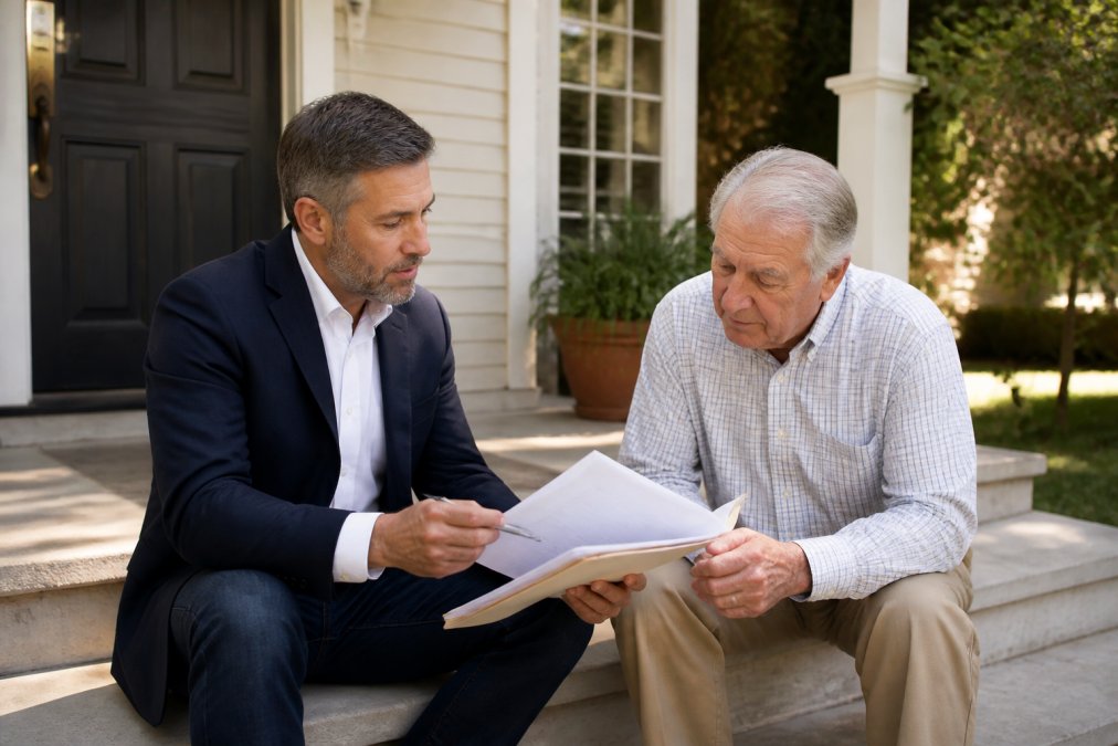 Professional real estate agent and executor meeting at a residential property, reviewing property documents and discussing probate sale strategy with natural afternoon lighting