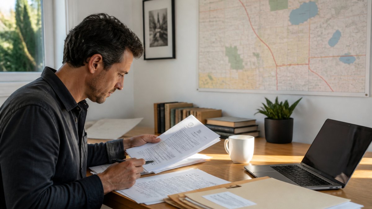 Investor reviewing court records and maps to identify probate real estate investing strategies in Burbank area
