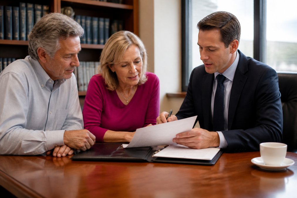 Family meeting with estate attorney in professional office, reviewing documents and probate timeline materials on wooden desk with coffee cup, natural office lighting