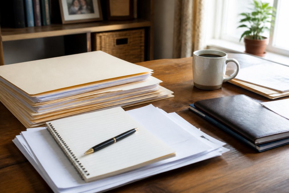 Executor organizing estate documents, files, and checklist on wooden desk with coffee cup, notebook, and pen in home office setting with natural window lighting