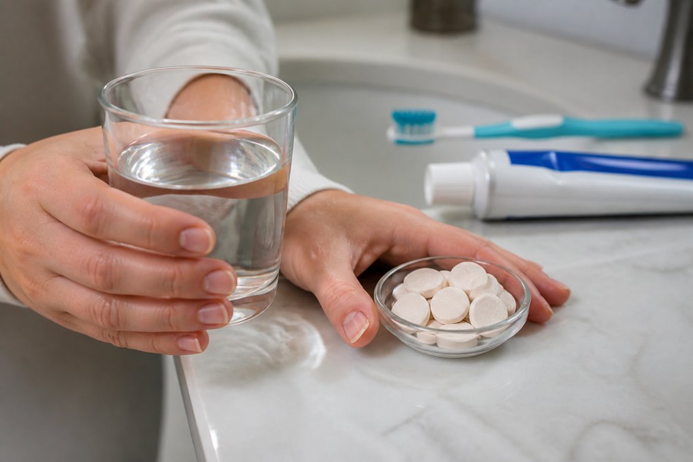 Close-up of a person's hands holding a clear glass of water next to a small dish of white chewable probiotic tablets on a bathroom counter, with a soft toothbrush and tube of toothpaste slightly out of focus in the background