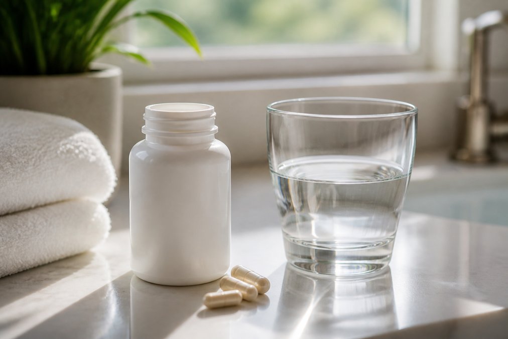 Close-up of a probiotic capsule bottle placed on a clean bathroom counter next to a glass of water, with morning sunlight streaming through a window