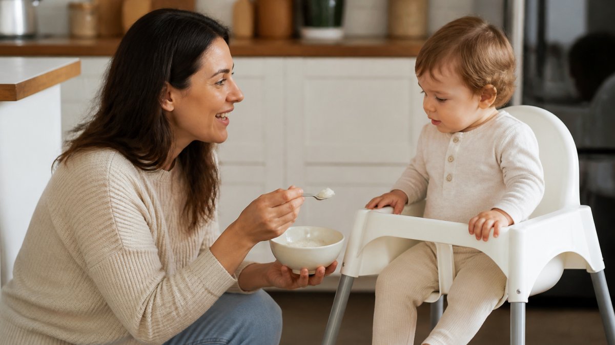 A parent in a bright kitchen kneeling to toddler height, holding a small scoop of powder over a bowl of yogurt, with a child watching curiously from a high chair