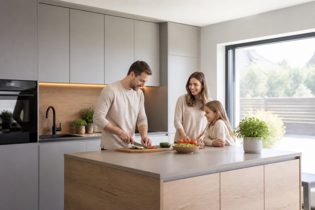 Moderní minimalistická kuchyně s&nbsp;čistými liniemi a&nbsp;dřevěnými prvky, díky které pochopíte, proč jsou minimalistické kuchyně