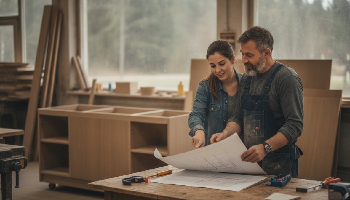 Tým kuchyňského studia - designér, technik a&nbsp;tesař - v&nbsp;dílně při přípravě a&nbsp;výrobě kuchyně na&nbsp;míru, pracující s&nbsp;přesnými nástroji a&nbsp;kvalitními materiály