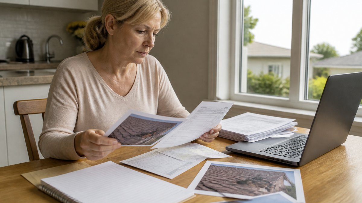 A homeowner at a kitchen table organizing insurance claim documents, including printed photographs of roof damage, contractor receipts, and a spiral notebook, with a laptop open nearby and daylight coming through the window