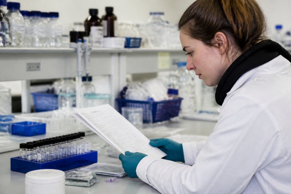 A laboratory researcher in a white coat reviewing a printed Certificate of Analysis document beside a rack of labelled sample vials on a clean bench