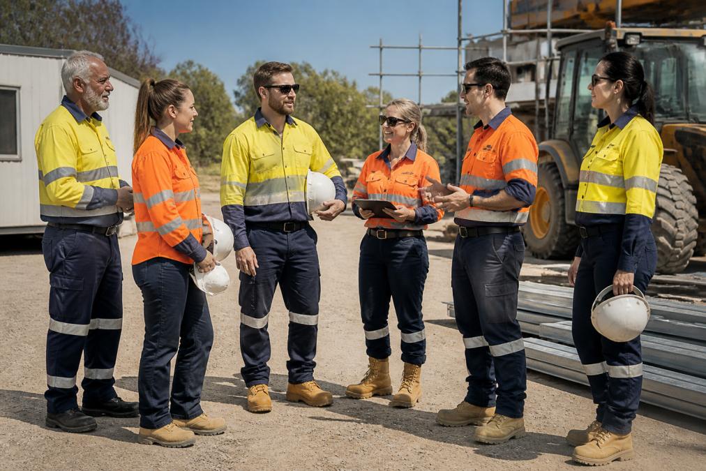 A diverse construction team of varying ages, genders and body types wearing properly fitted high-visibility workwear and safety gear on a job site, with workers in different positions checking equipment and communicating