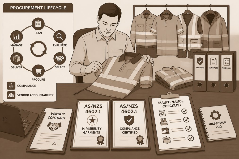 Procurement manager reviewing workwear samples and compliance documentation at a desk with AS/NZS 4602.1 certification certificates, vendor contracts, and maintenance checklists spread across the surface, natural office lighting