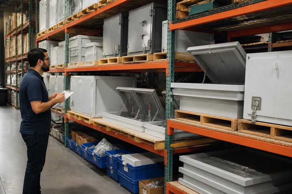 Warehouse worker checking inventory of access doors and roof hatches on shelves with clipboard, organized stock bins and metal storage racks visible in background lighting