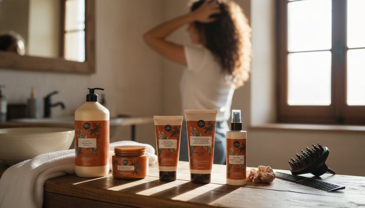 Donna con capelli ricci naturali di media lunghezza che applica un prodotto leave-in cremoso sui capelli bagnati davanti a uno specchio del bagno illuminato, con diffusore professionale e flaconi di prodotti haircare visibili sul ripiano, luce calda da lampada sopra lo specchio