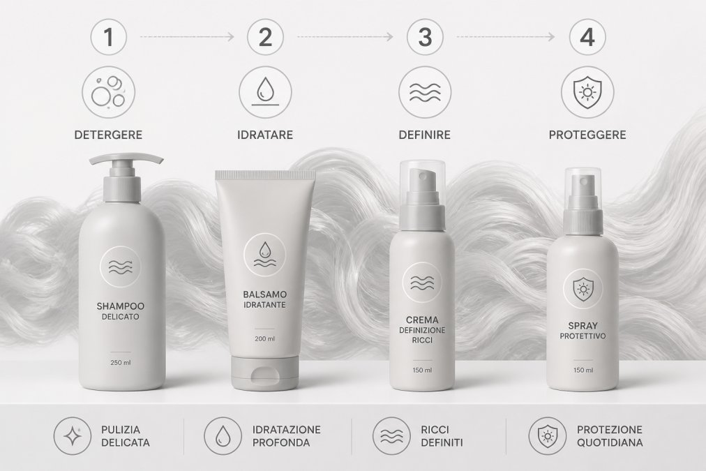 Disposizione ordinata di 3-4 prodotti per capelli mossi su superficie bianca, con capelli mossi sullo sfondo