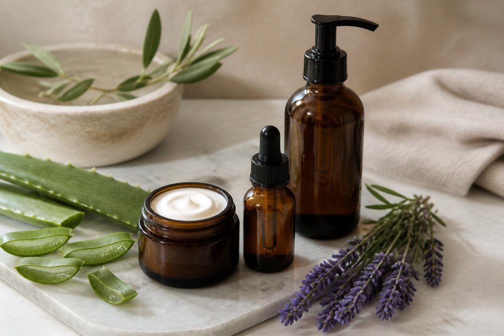 Still life fotografico su superficie in marmo chiaro con flaconi di crema viso e siero in vetro ambrato, foglie di aloe vera e un rametto di lavanda, luce naturale morbida che mette in risalto le texture dei prodotti artigianali
